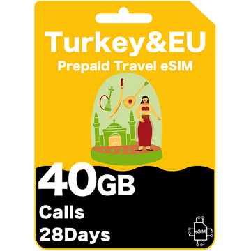 Prepaid travel eSIM package for Turkey & EU with 40GB data and 28-days