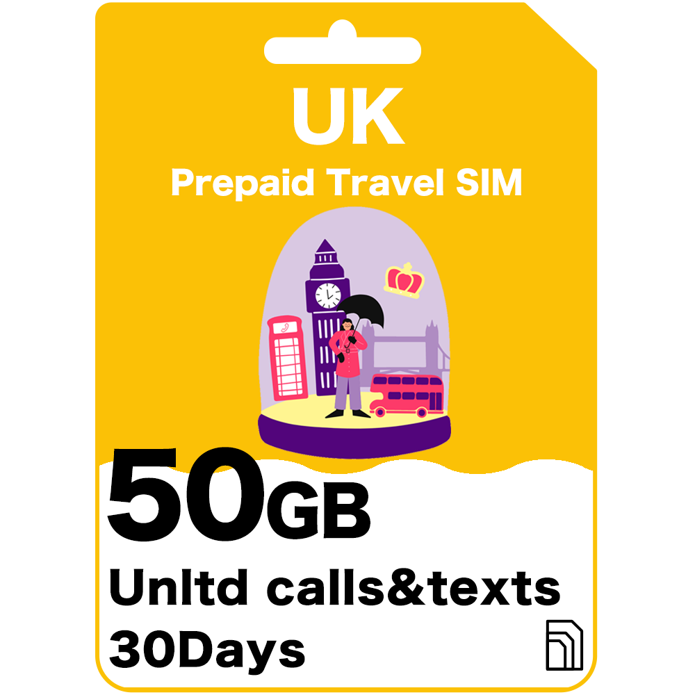 Prepaid-Reise-SIM-Karte für Großbritannien und Europa, 50/30/16 GB, 30 Tage