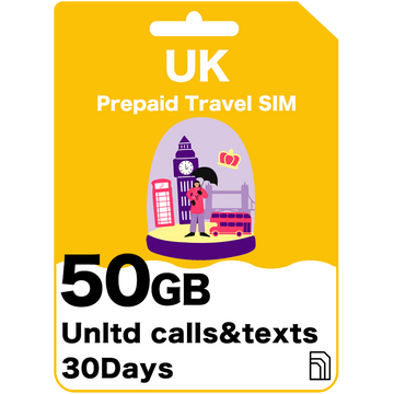 Prepaid-Reise-SIM-Karte für Großbritannien und Europa, 50/30/16 GB, 30 Tage