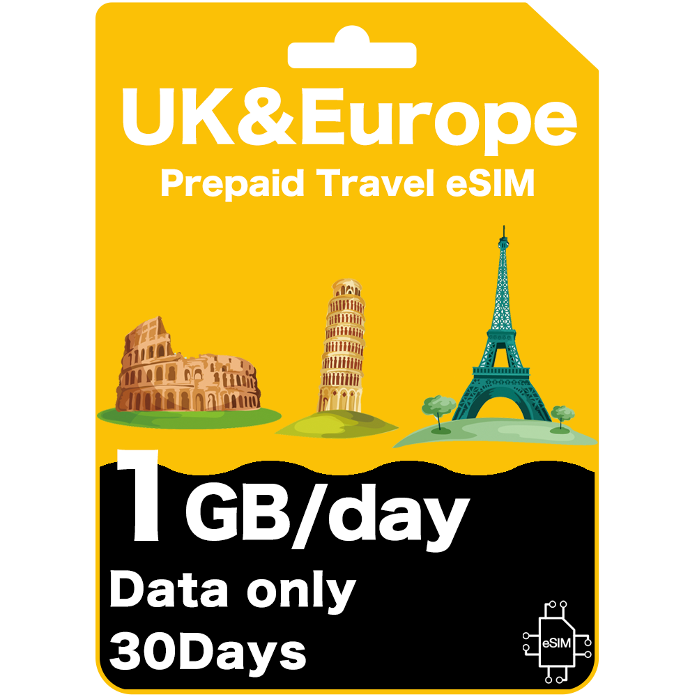 Prepaid-Reise-eSIM-Karte für Großbritannien und Europa, 1 GB pro Tag – Drei (nur Daten)