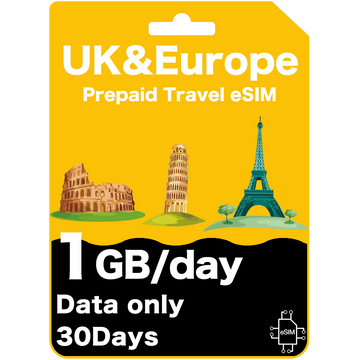 Prepaid-Reise-eSIM-Karte für Großbritannien und Europa, 1 GB pro Tag – Drei (nur Daten)