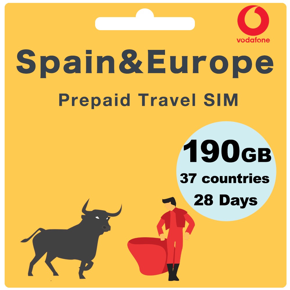 Spain & Europe Prepaid Travel SIM Card 190GB 28Days - Vodafone - G-Starlink
