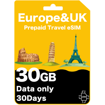 Prepaid-Reise-eSIM-Karte für Europa und Großbritannien, 30 GB, 30 Tage (nur Daten)